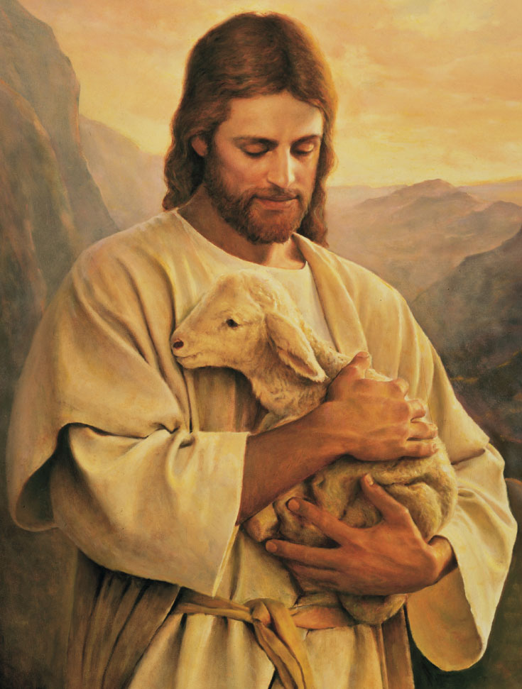 Jesus Christ holding lost sheep - Del Parsons painting